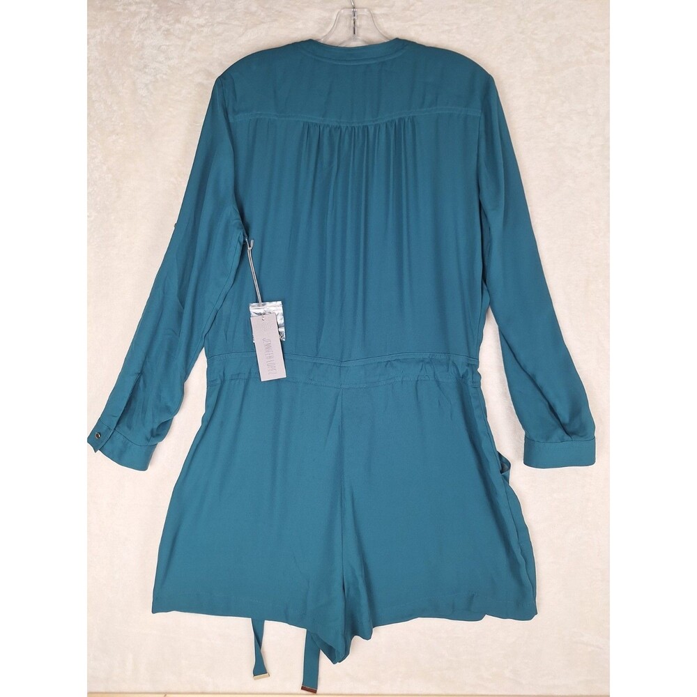 Jennifer Lopez Womens 14 Roll Tab Sleeve Shorts Romper Turquoise Green Pockets - Picture 13 of 15